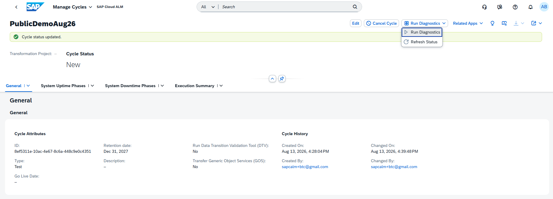 Pic 1 5 → blue.works PublicDemoAug26 dashboard showing cycle status: New, with a green 'Cycle status updated' banner at top and a details card below labeled Cycle Attributes and Cycle History