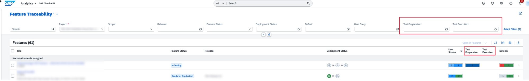 Pic 2 1 → blue.works Screenshot of SAP Feature Traceability dashboard with filters and a Features table showing status badges like In Testing and Ready for Production.