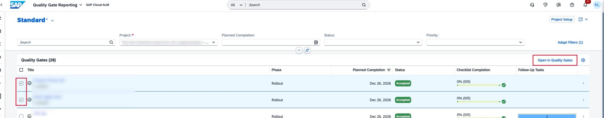 Pic 4 1 → blue.works Quality Gates list in SAP Quality Gate Reporting showing selectable items with checkboxes on the left and an Open in Quality Gates button on the right.