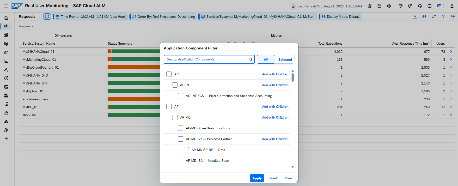 Pic 6 5 → blue.works Modal dialog 'Application Component Filter' with a search box, All/Selected buttons, and a scrollable list of components with checkboxes (AC, AC-INT, AP, AP-MD, etc.) and 'Add with Children' links.
