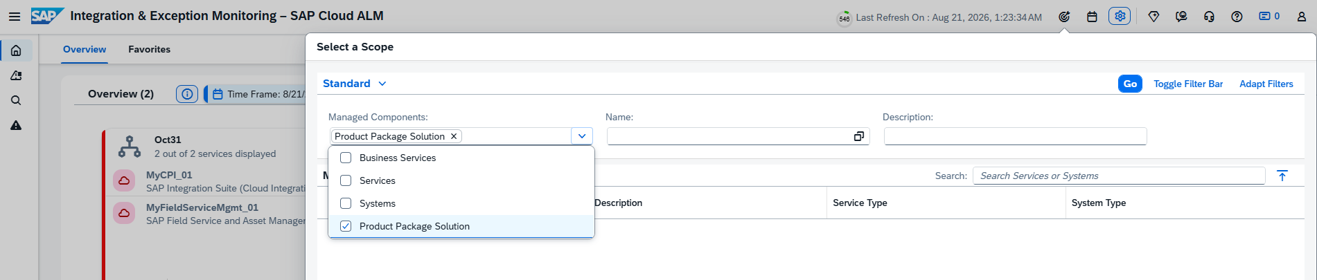 Pic 7 4 → blue.works Modal titled Select a Scope with a dropdown; Product Package Solution is checked; Name and Description fields visible.