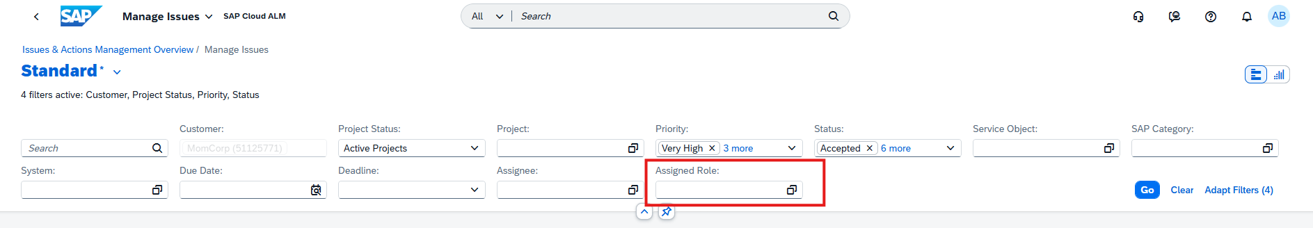 Pic 8 3 → blue.works Filter bar on Manage Issues page with Assigned Role field highlighted for selecting a role