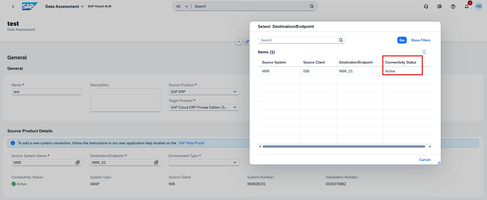 Pic 1 6 → blue.works Modal dialog titled 'Select: Destination/Endpoint' with a table showing one destination and Connectivity Status: Active