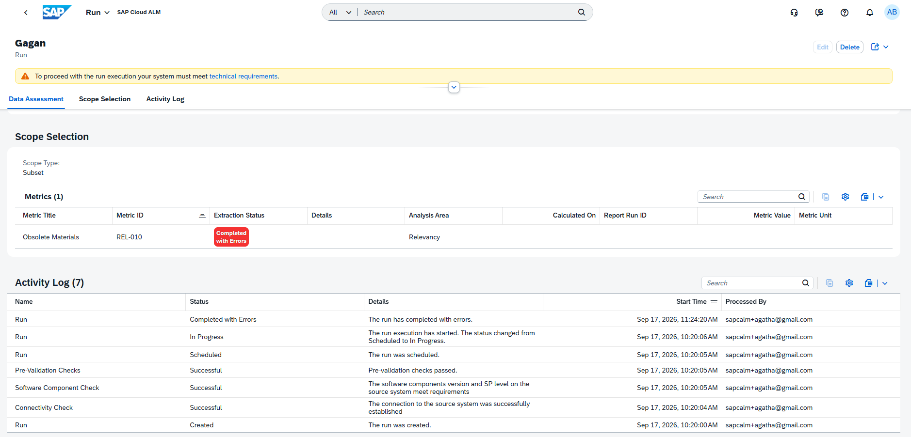 Pic 1 7 → blue.works SAP Cloud ALM Run page for user Gagan with Scope Selection, a metrics table showing 'Obsolete Materials' (Completed with Errors) and an Activity Log listing run events.