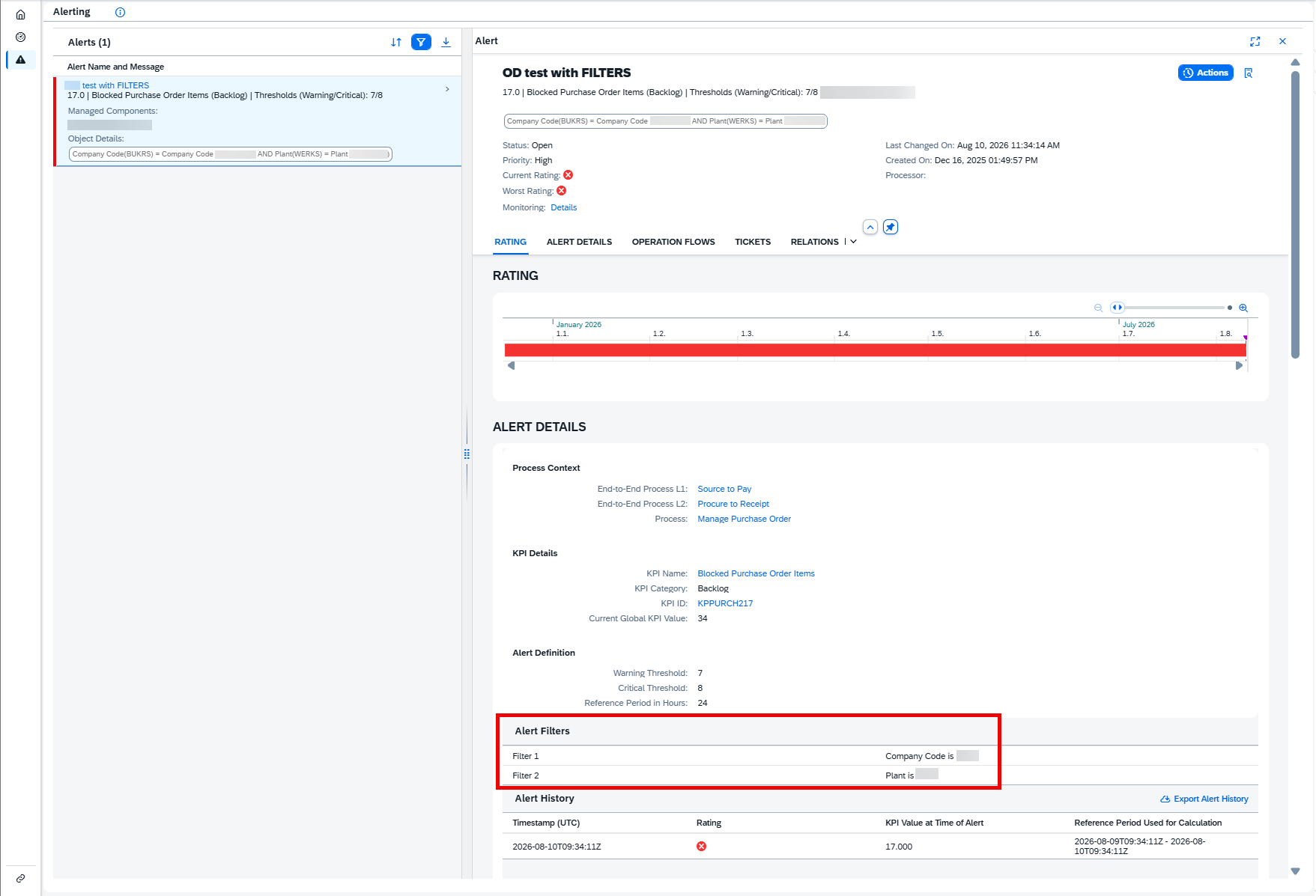 Alert Filters section showing two filters: Filter 1 = Company Code is [redacted], Filter 2 = Plant is [redacted]