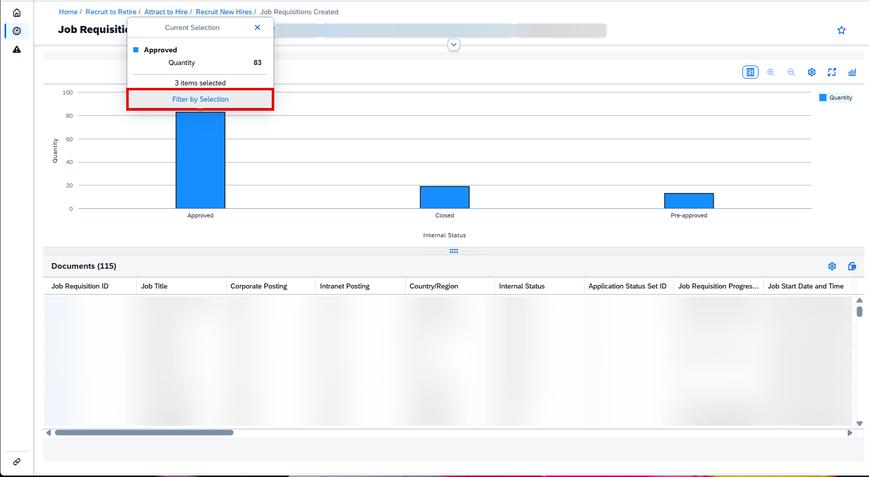 Pic 10 4 → blue.works HR dashboard showing job requisitions with a bar chart (Approved, Closed, Pre-approved); popover indicates 3 items selected and a Filter by Selection option