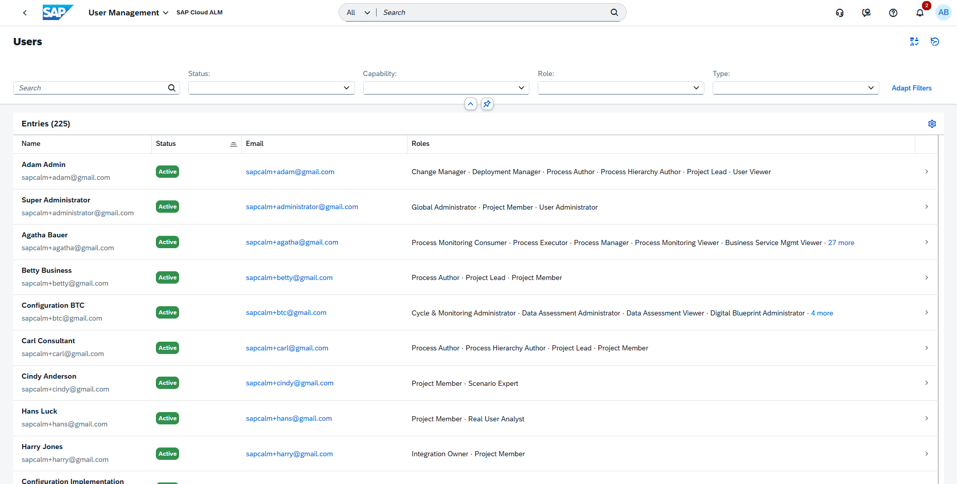 Pic 11 2 → blue.works SAP User Management: list of 225 users with Name, Email, Status (Active), and Roles; search and filters at top.