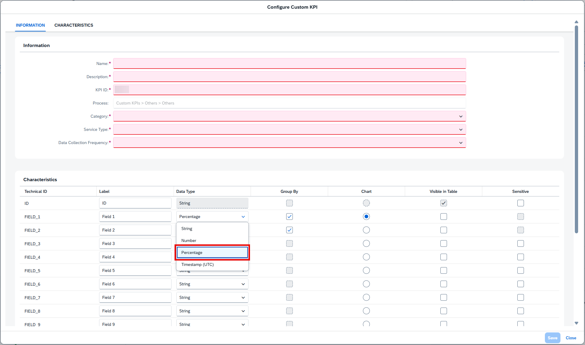Pic 11 3 → blue.works Screenshot of a KPI configuration UI showing a form with required fields and a Characteristics table, highlighting a dropdown with 'Percentage' selected.