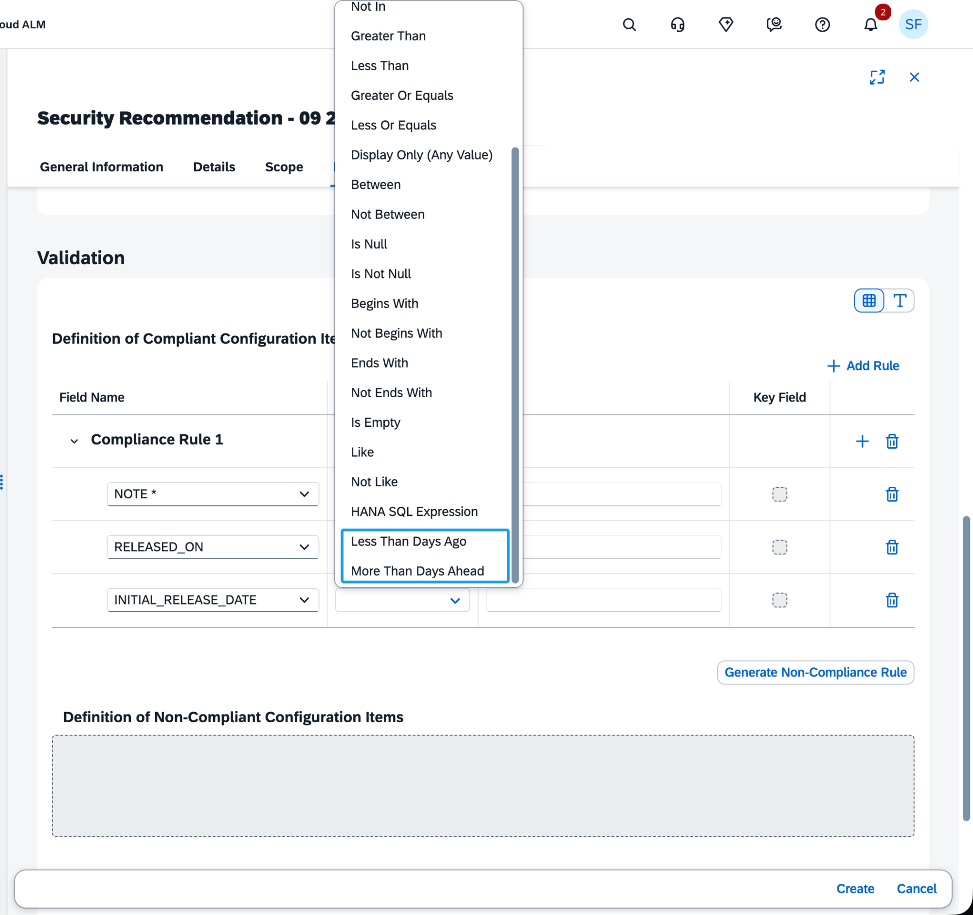 Pic 14 → blue.works Dropdown menu listing comparison operators (Greater Than, Less Than, Greater Or Equals, Between, Is Null, Is Not Null, Less Than Days Ago, More Than Days Ahead) used to define a non-compliant configuration rule.