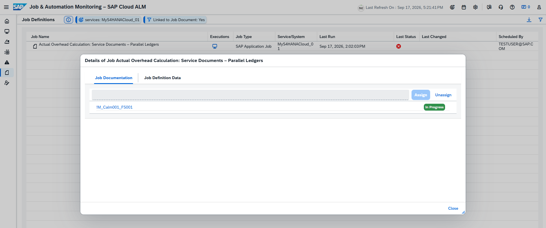 Pic 16 → blue.works Modal: Details of Job Actual Overhead Calculation for Service Documents – Parallel Ledgers with tabs Job Documentation and Job Definition Data; shows a single line !M_Calm001_FS001 and actions Assign/Unassign (In Progress).