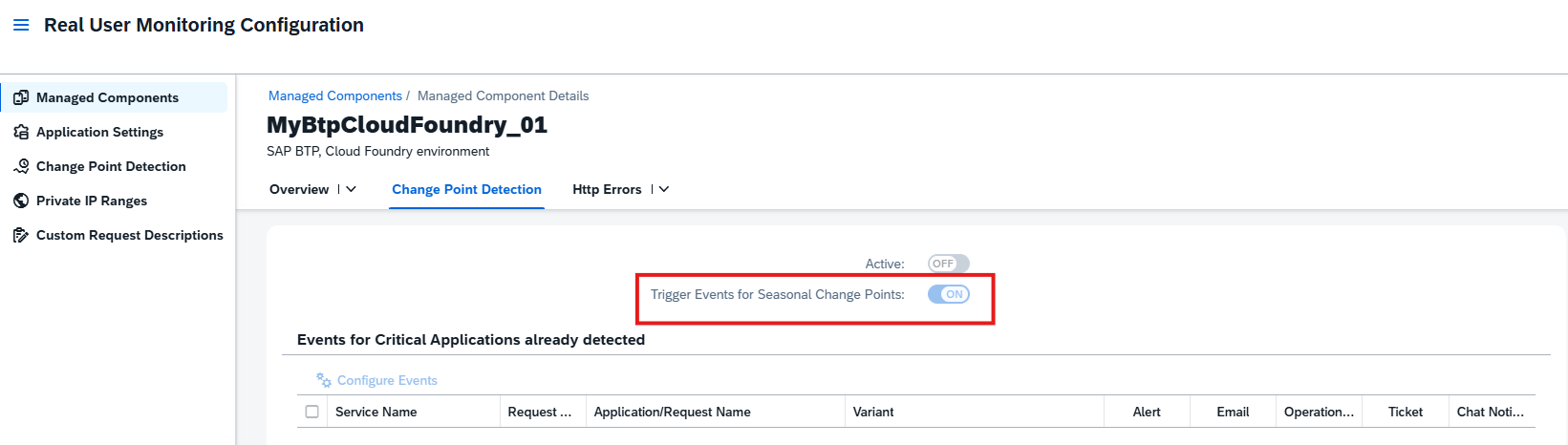 Pic 17 → blue.works Screenshot of Real User Monitoring Configuration page for MyBtpCloudFoundry_01, showing a toggle labeled 'Trigger Events for Seasonal Change Points' set to ON.