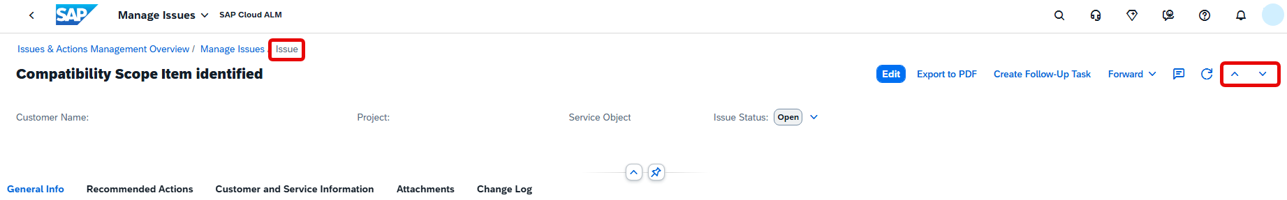 Pic 18 → blue.works Breadcrumbs and page title: 'Compatibility Scope Item identified' in SAP Issues Management. (informative)