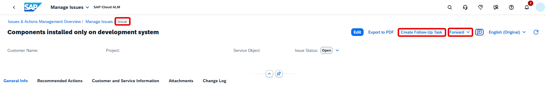 Pic 19 → blue.works SAP Manage Issues page showing the issue title 'Components installed only on development system' with actions Edit, Create Follow-Up Task, and Forward on the toolbar.