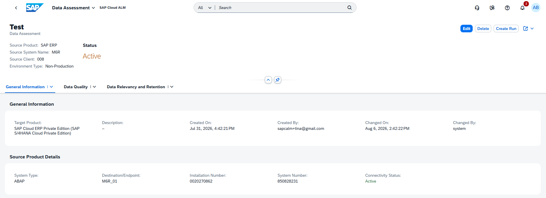 Pic 2 3 → blue.works Screenshot of SAP Data Assessment page showing status Active, with General Information and Source Product Details sections visible.