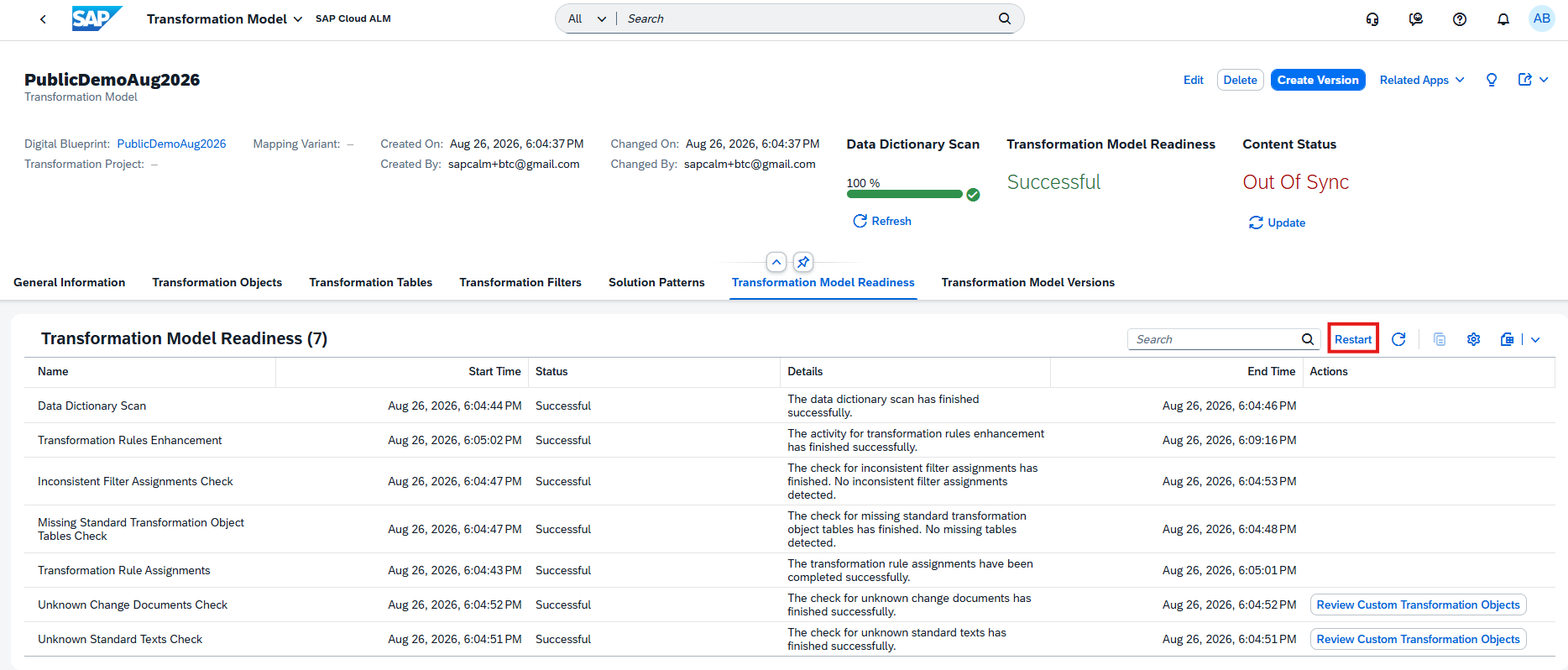 Pic 2 5 → blue.works SAP Transformation Model Readiness dashboard showing 7 readiness items with statuses and details.
