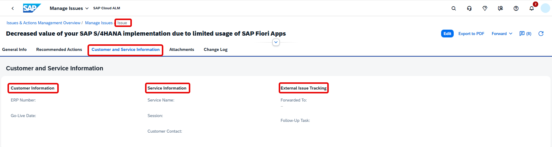 Pic 20 → blue.works Screenshot of an SAP issue page titled 'Decreased value of your SAP S/4HANA implementation due to limited usage of SAP Fiori Apps' with a highlighted 'Customer and Service Information' tab and three information cards: 'Customer Information', 'Service Information', and 'External Issue Tracking'.