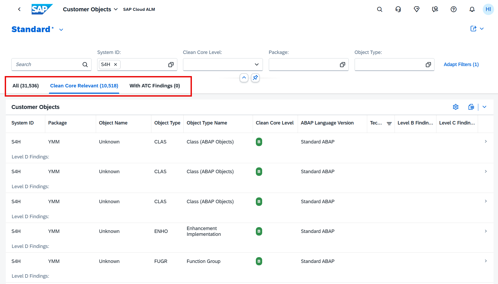 Pic 3 4 → blue.works SAP UI showing Customer Objects search with filter tabs All, Clean Core Relevant, With ATC Findings; a table lists ABAP objects (e.g., System ID S4H) with columns System ID, Package, Object Name, Object Type, and Clean Core Level.