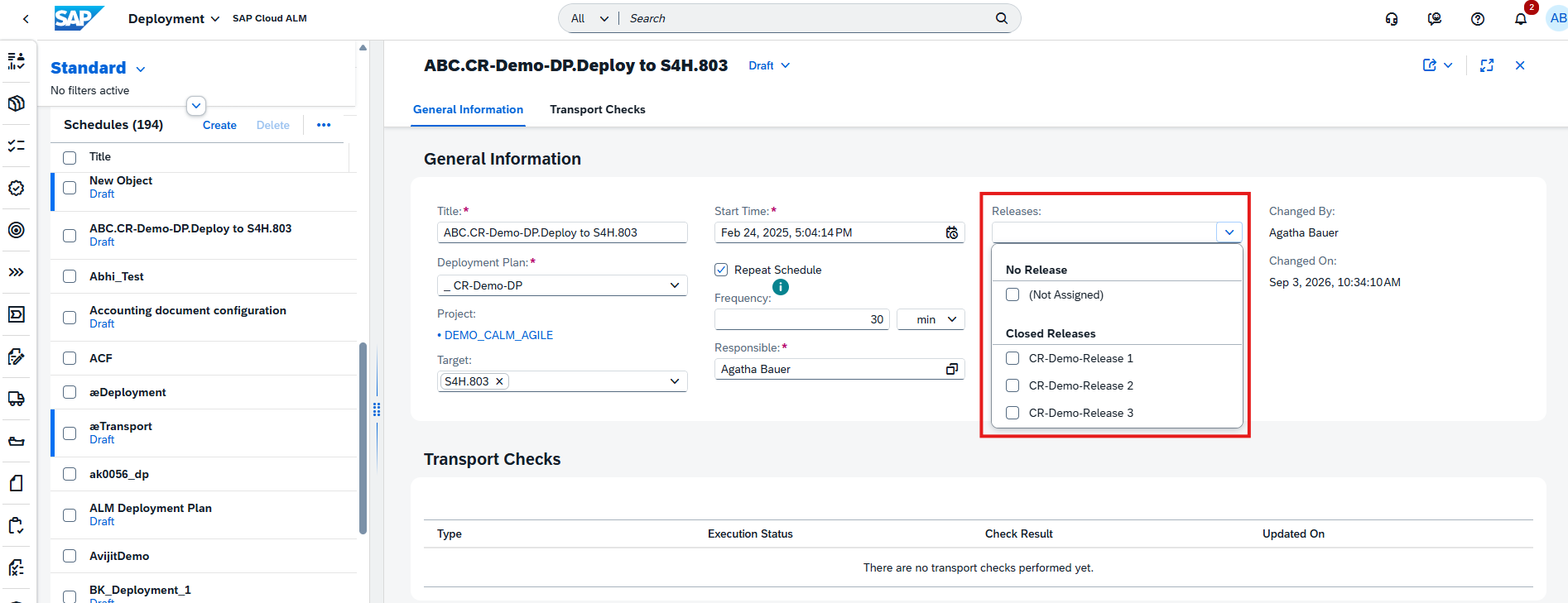Pic 4 4 → blue.works Deployment form for ABC.CR-Demo-DP.Deploy to S4H.803 showing general information fields, release picker with options (No Release, Not Assigned, CR-Demo-Release 1–3), and responsible/target details on the right.