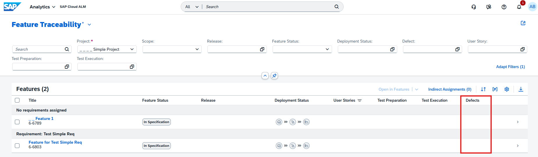 Pic 4 5 → blue.works SAP Feature Traceability page: two features listed with a dedicated, empty Defects column highlighted on the right side of the table.