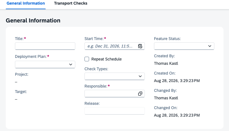 Pic 5 6 → blue.works General Information form with fields for Title, Start Time, Deployment Plan, Check Types, Responsible, Release, Project, Target, and metadata (Created By/On, Changed By/On) visible in a two-column layout. A Repeat Schedule checkbox and a Feature Status dropdown are present.