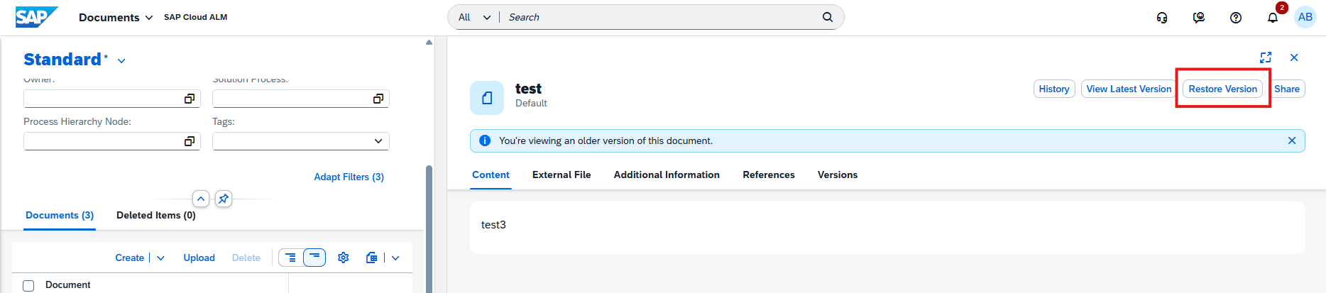 Pic 6 6 → blue.works SAP Cloud ALM Documents page showing a document named 'test' with Restore Version highlighted in the top-right.