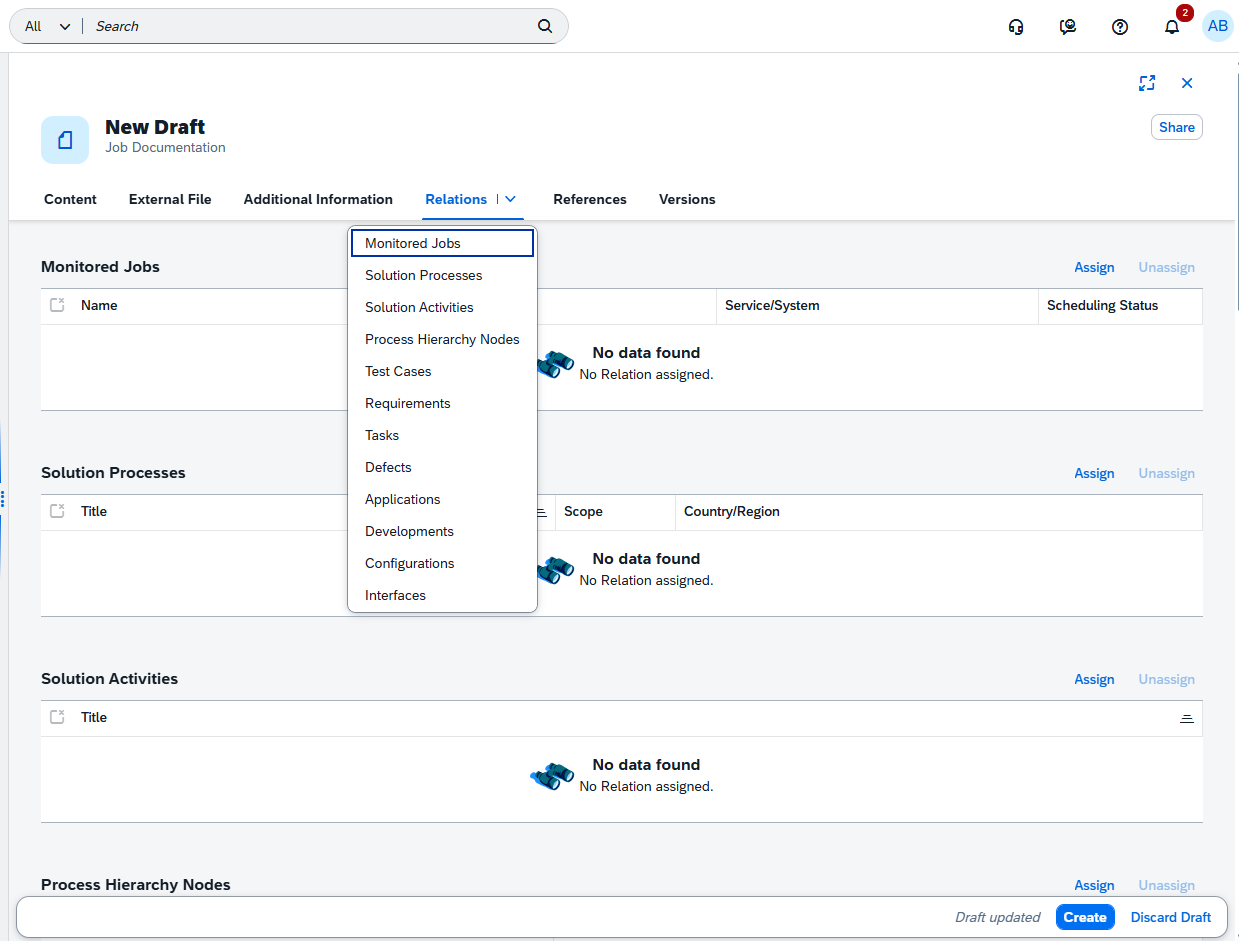 Pic 6 7 → blue.works Web UI for New Draft Job Documentation; Relations dropdown lists options (Monitored Jobs, Solution Processes, Solution Activities, Process Hierarchy Nodes, Test Cases, Requirements, Tasks, Defects, Applications, Developments, Configurations, Interfaces). Sections show Monitored Jobs, Solution Processes, Solution Activities, Process Hierarchy Nodes with 'No data found' and 'No Relation assigned'; bottom-right Create button.