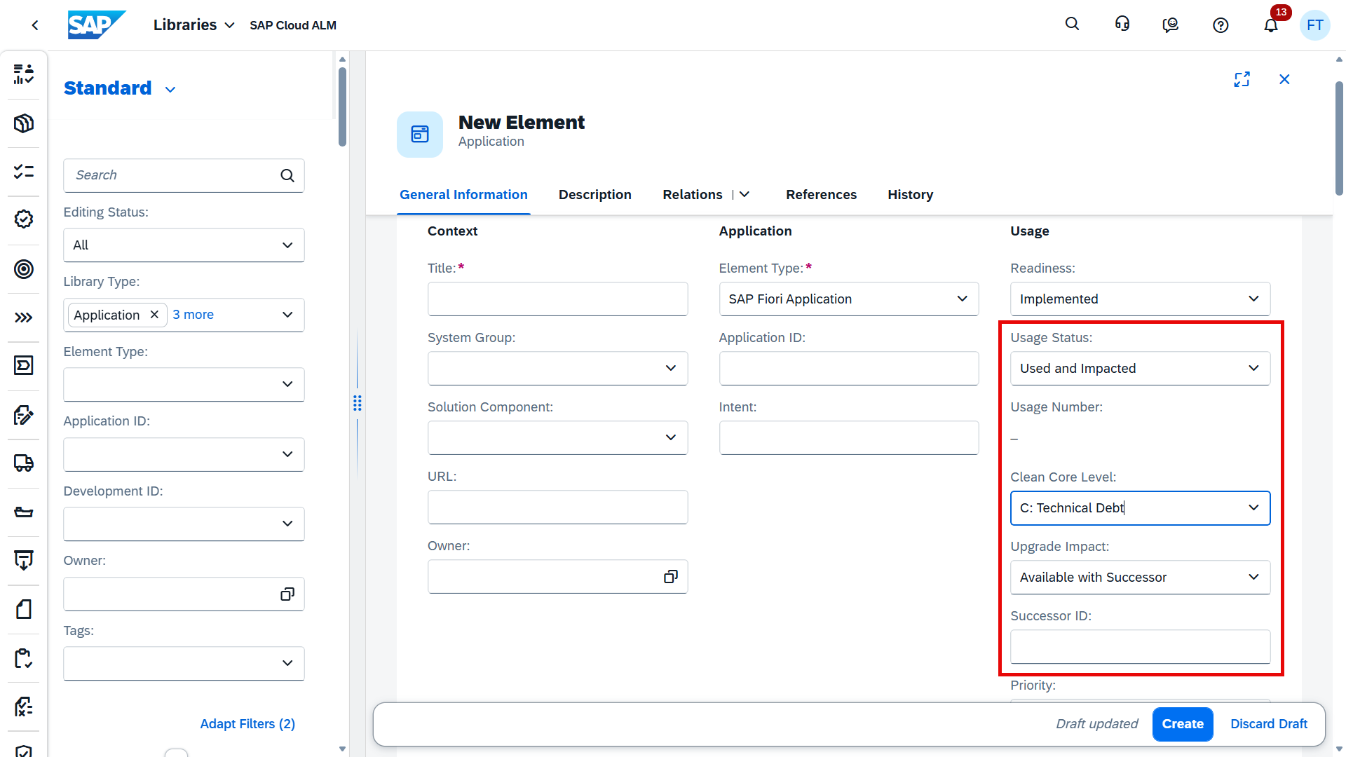 Pic 7 5 → blue.works SAP New Element form; right panel shows Usage Status 'Used and Impacted' and Clean Core Level 'C: Technical Debt'