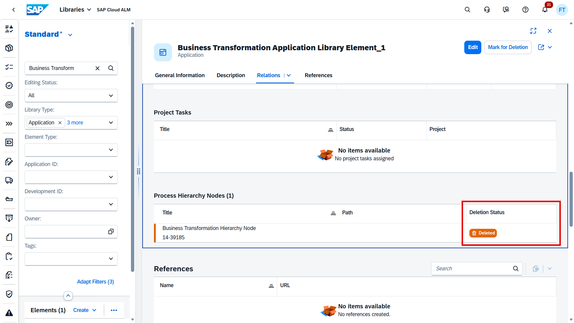 Pic 8 5 → blue.works SAP UI: Library element page showing a Deletion Status panel with a 'Deleted' badge for a process hierarchy node
