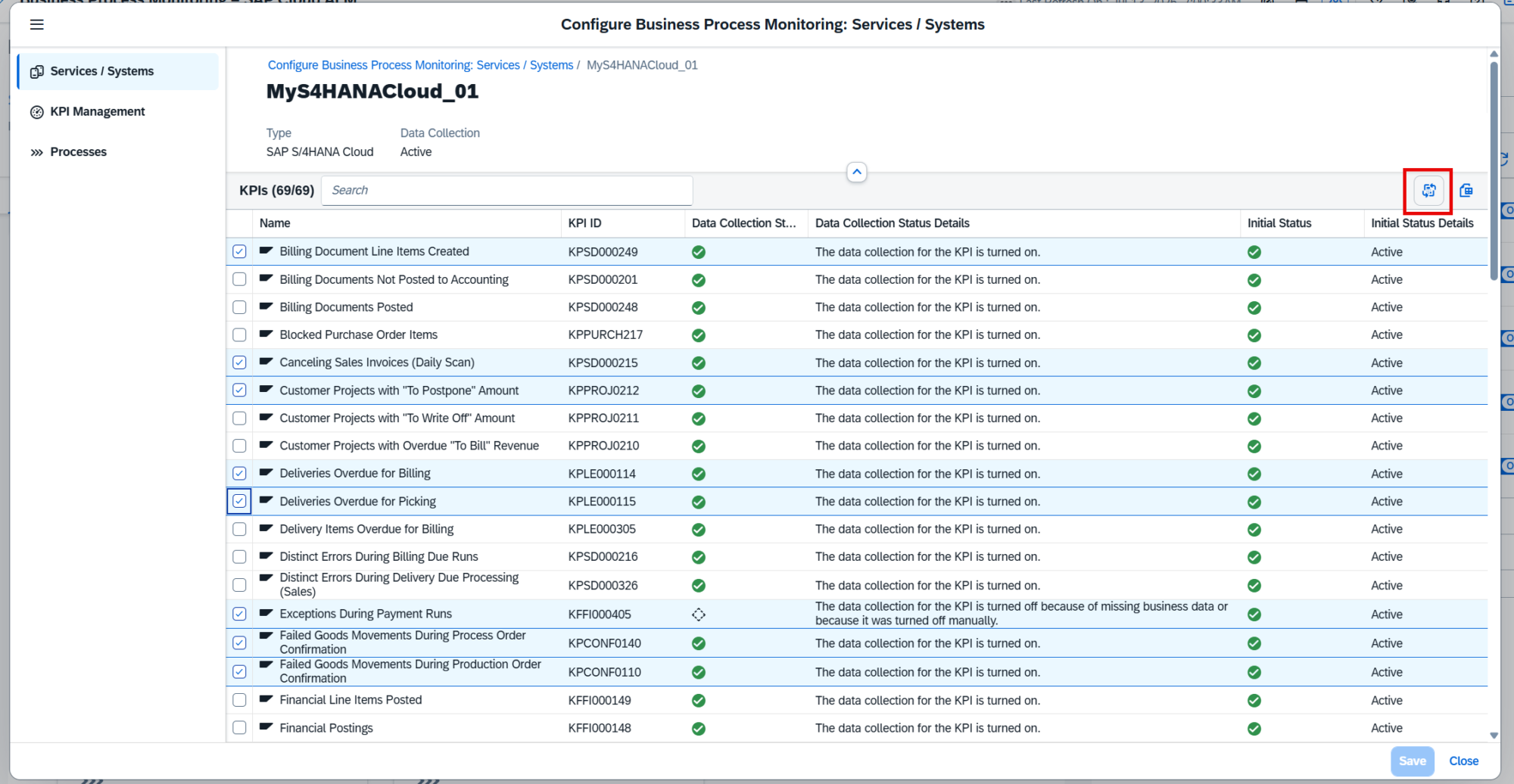 Pic 9 2 → blue.works Screenshot of SAP S/4HANA Cloud configuration page 'Configure Business Process Monitoring: Services / Systems' showing a left navigation pane, a 'MyS4HANACLOUD_01' header, and a long KPI table with checkboxes, status, and a highlighted action button on the right.