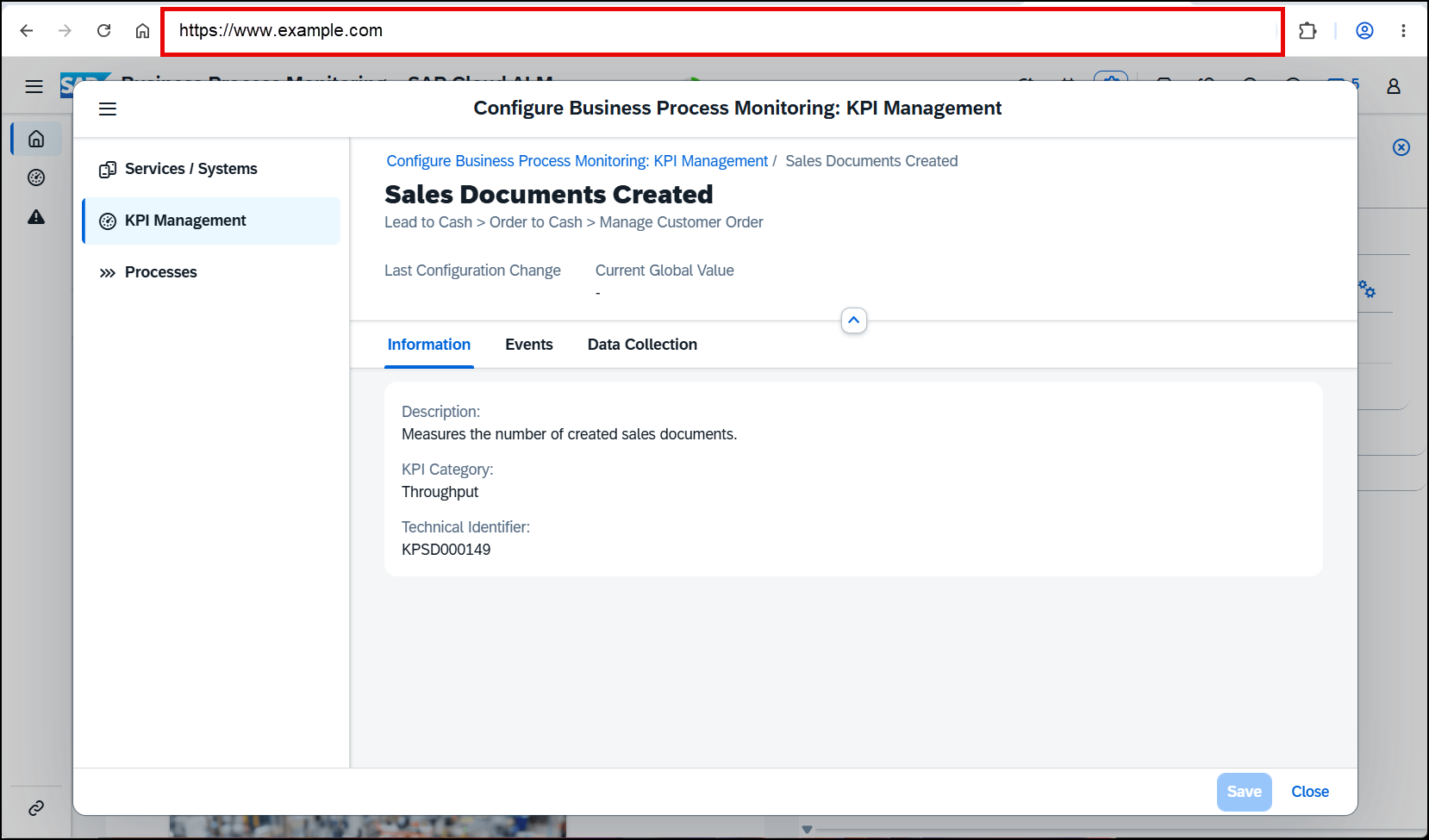 Pic 9 3 → blue.works SAP KPI Management dialog: 'Sales Documents Created' details within Configure Business Process Monitoring UI, with left navigation showing KPI Management and Processes tabs, and Information tab selected.