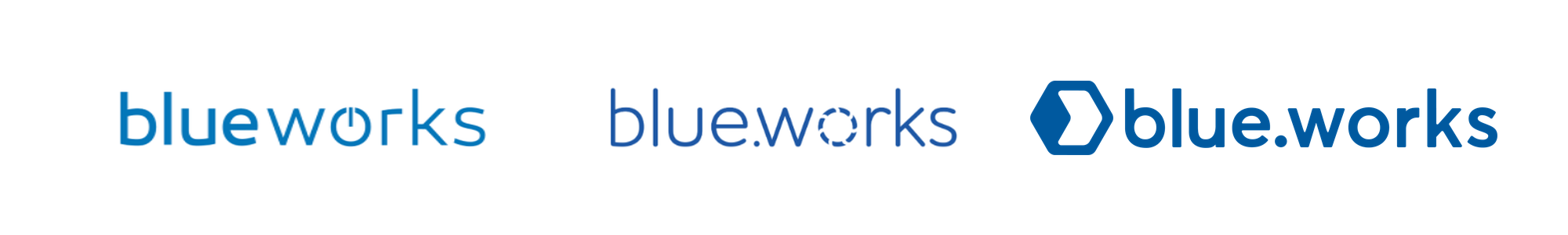 blueworks-logo-entwicklung → blue.works Blue.works logo in three styles: light wordmark, circular 'o' motif, and bold hexagon emblem with text