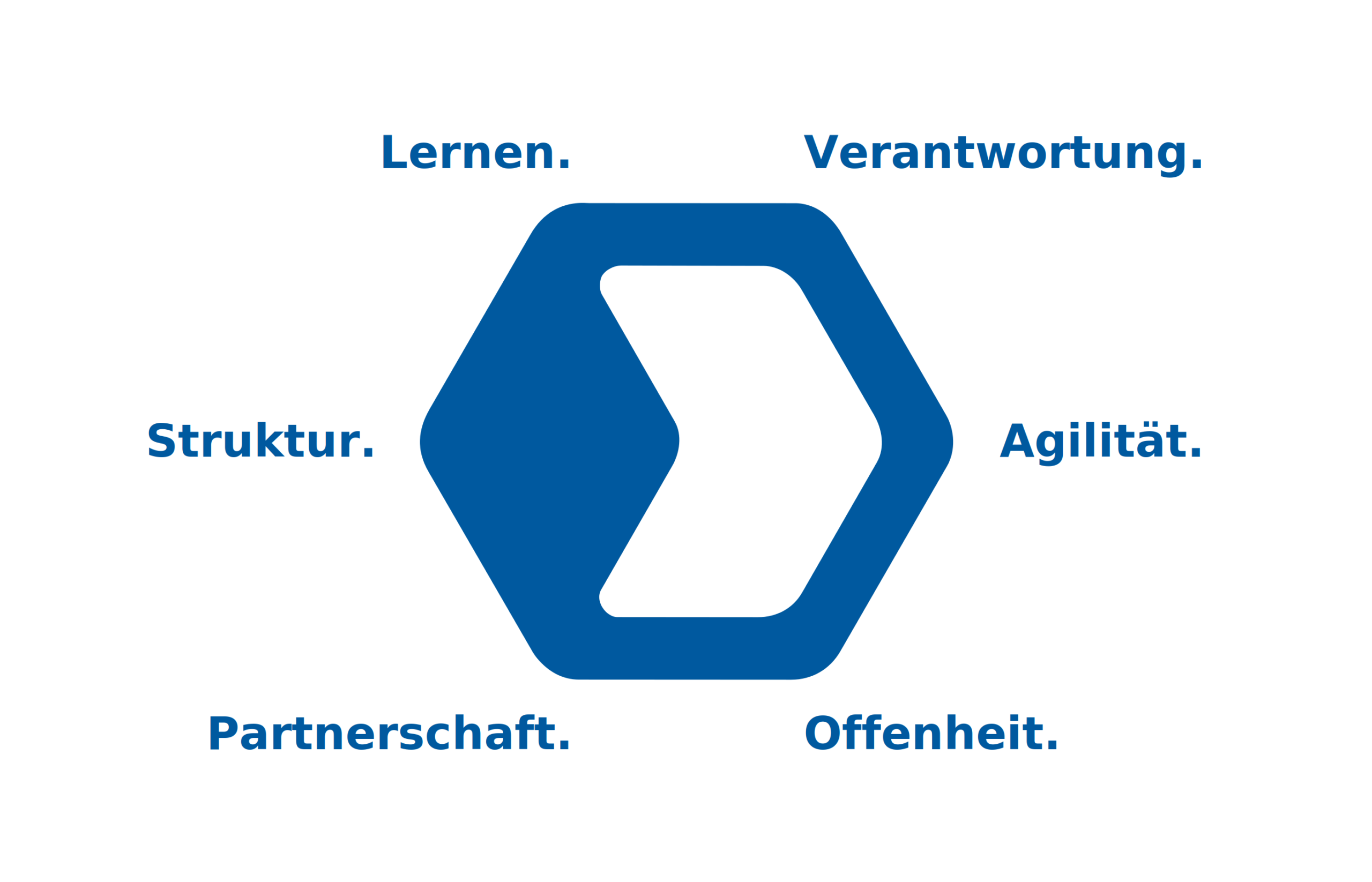 blueworks-werte-hexagon-de → blue.works Blue hexagonal graphic with six German values around it: Lernen, Verantwortung, Struktur, Agilität, Partnerschaft, Offenheit.