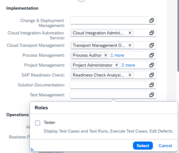 Pic 1 8 → blue.works Implementation settings showing several role fields (Cloud Integration Admin, Transport Management, Process Author, Project Administrator, Readiness Check Analyst) and a floating Roles dialog with a Tester option and description, plus Select/Cancel buttons.