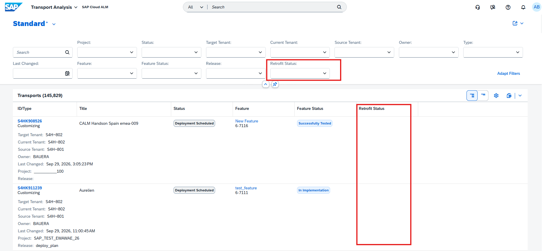 Pic 2 6 → blue.works SAP Transport Analysis page showing a list of transports with a Retrofit Status column (currently empty).