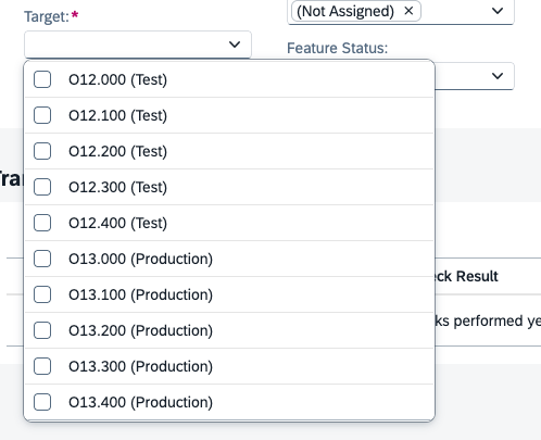 Pic 3 6 → blue.works Open dropdown listing targets: O12.000 (Test) to O13.400 (Production) with checkboxes.