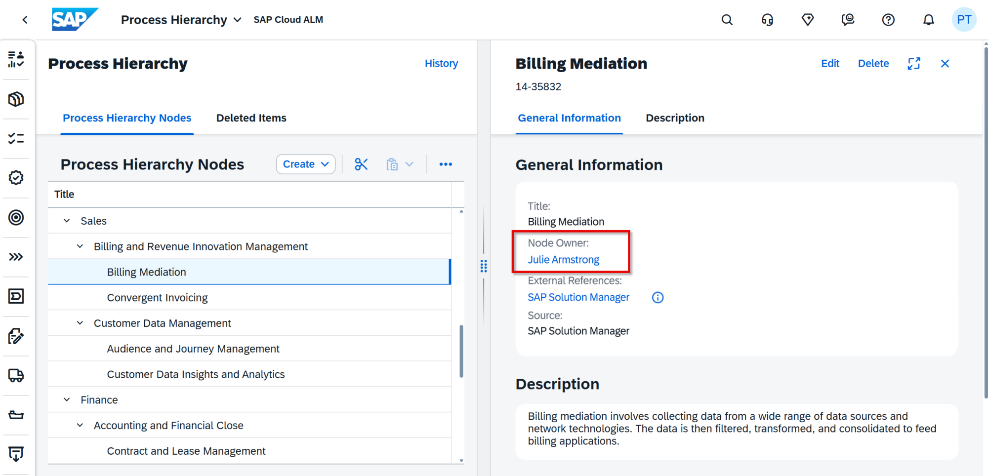 Pic 4 6 → blue.works Billing Mediation node selected in Process Hierarchy; Node Owner: Julie Armstrong