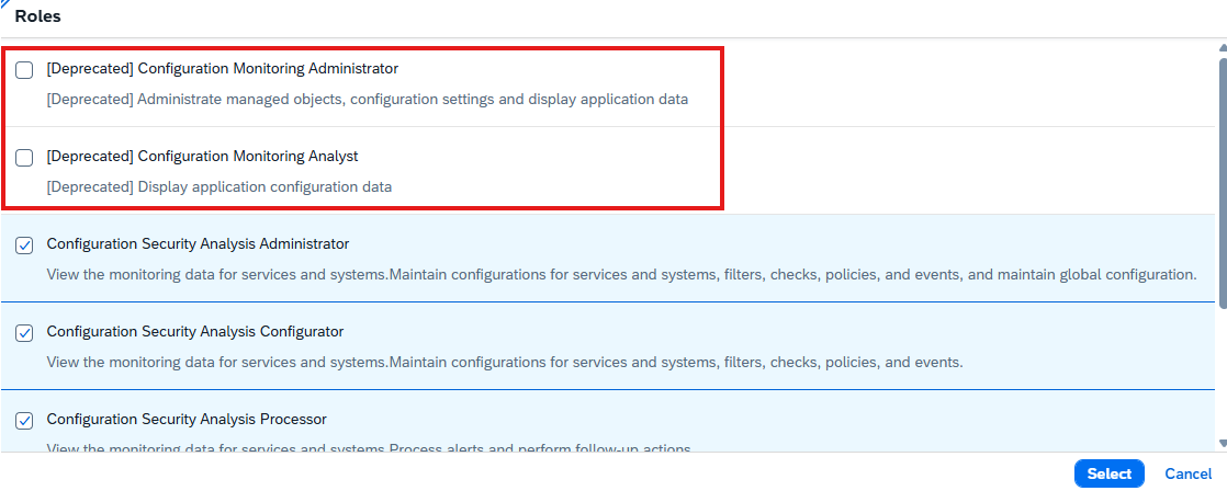 Pic 5 8 → blue.works Roles selection panel with checkboxes; shows deprecated items at top (Configuration Monitoring Administrator, Configuration Monitoring Analyst) and active roles (Configuration Security Analysis Administrator, Configurator, Processor); includes a Select button.