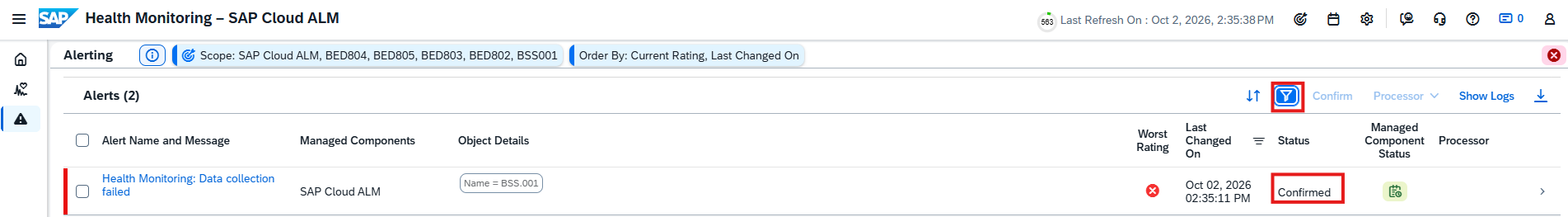 Pic 6 8 → blue.works Alerting list showing 'Health Monitoring: Data collection failed' for SAP Cloud ALM; status Confirmed.