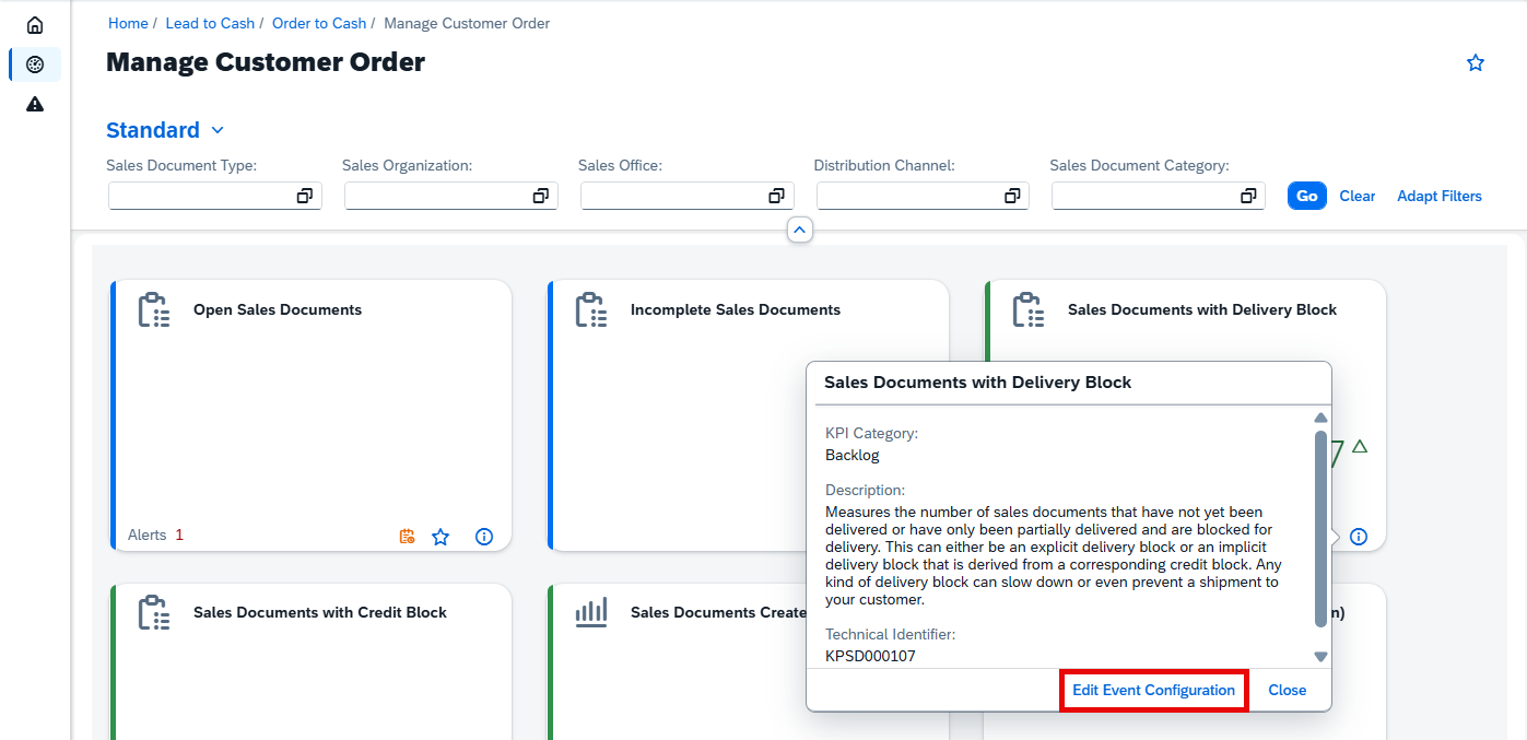 Pic 7 7 → blue.works Dashboard: Manage Customer Order with filter bars for Sales Document Type, Organization, Office, Distribution Channel, and Category, plus tiles for document statuses (Open, Incomplete, Delivery Block).