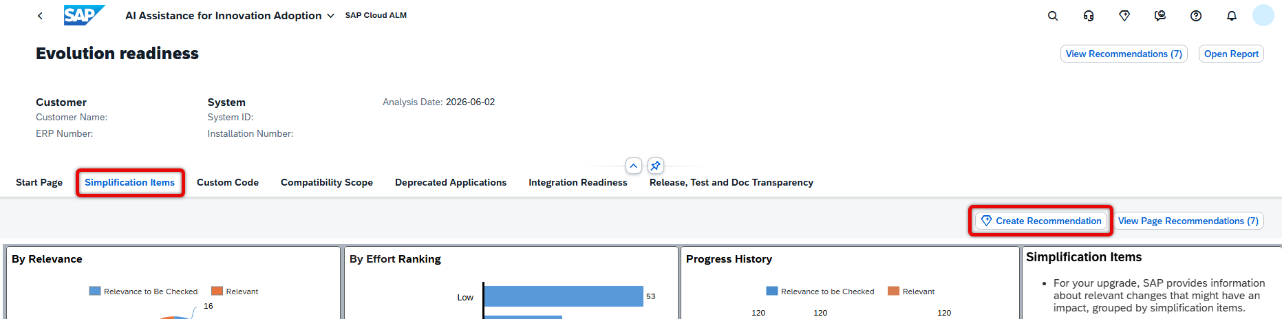 Pic 8 6 → blue.works SAP dashboard: Evolution readiness page with tabs and a highlighted Simplification Items tab; shows Create Recommendation button on the lower panel.