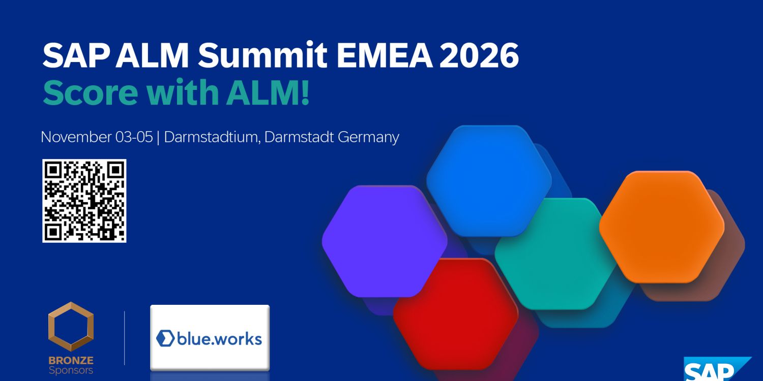 Event banner announcing SAP ALM Summit EMEA 2026 with the slogan 'Score with ALM!', dates November 3–5 in Darmstadt, Germany, and a QR code on the left with colorful hexagon graphics on the right.